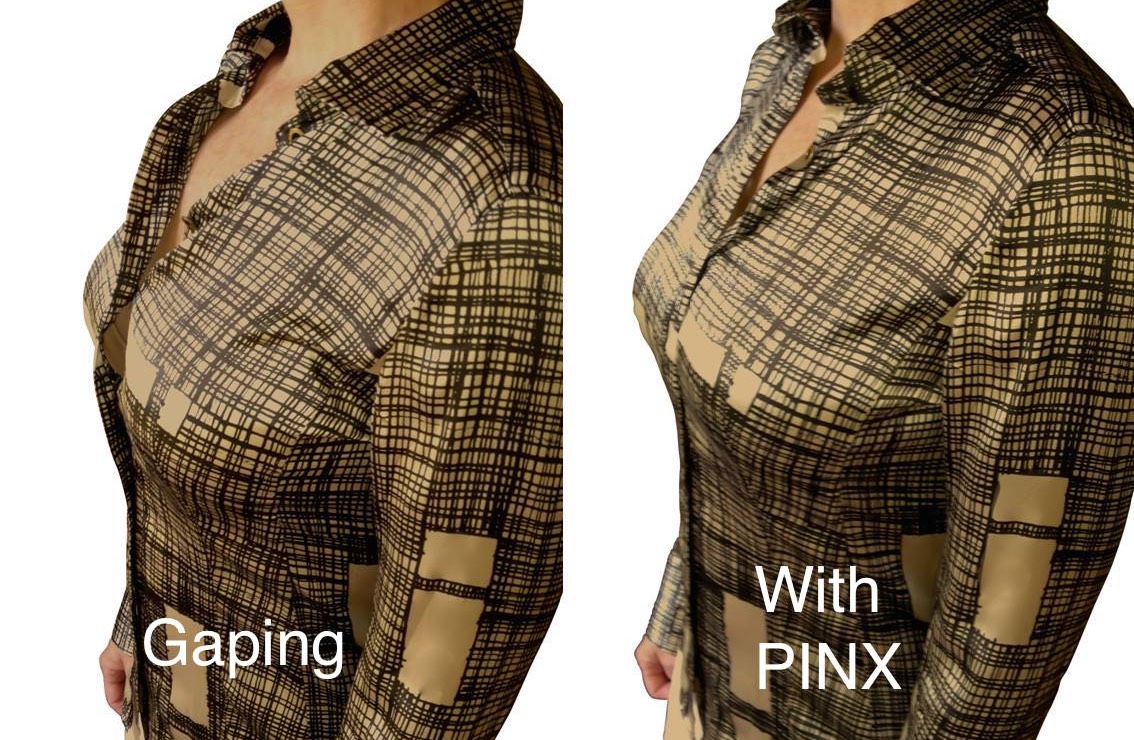patterned shirt before with a gaping shirt and after with a perfectly flat placket. 
